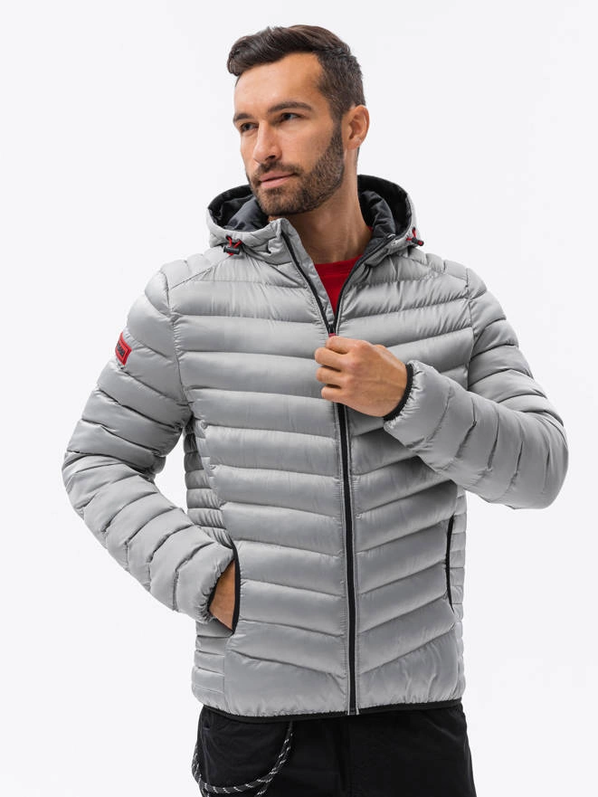 Men's quilted jacket with satin finish - silver V17 OM-JALP-0121