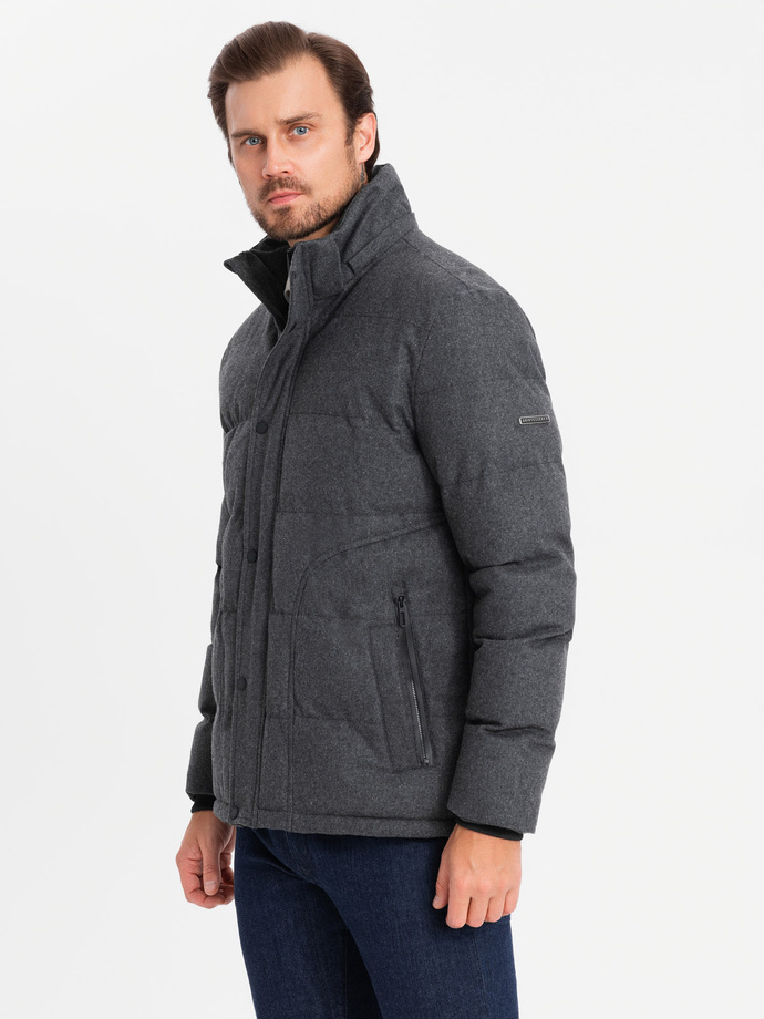 Casualowa męska kurtka puffer z wełną – czarny melanż V2 OM-JAHP-0203