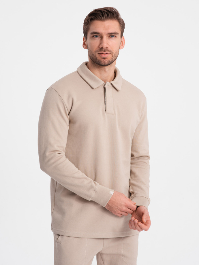 Men's tracksuit set sweatshirt with polo collar + pants - beige V2 Z71