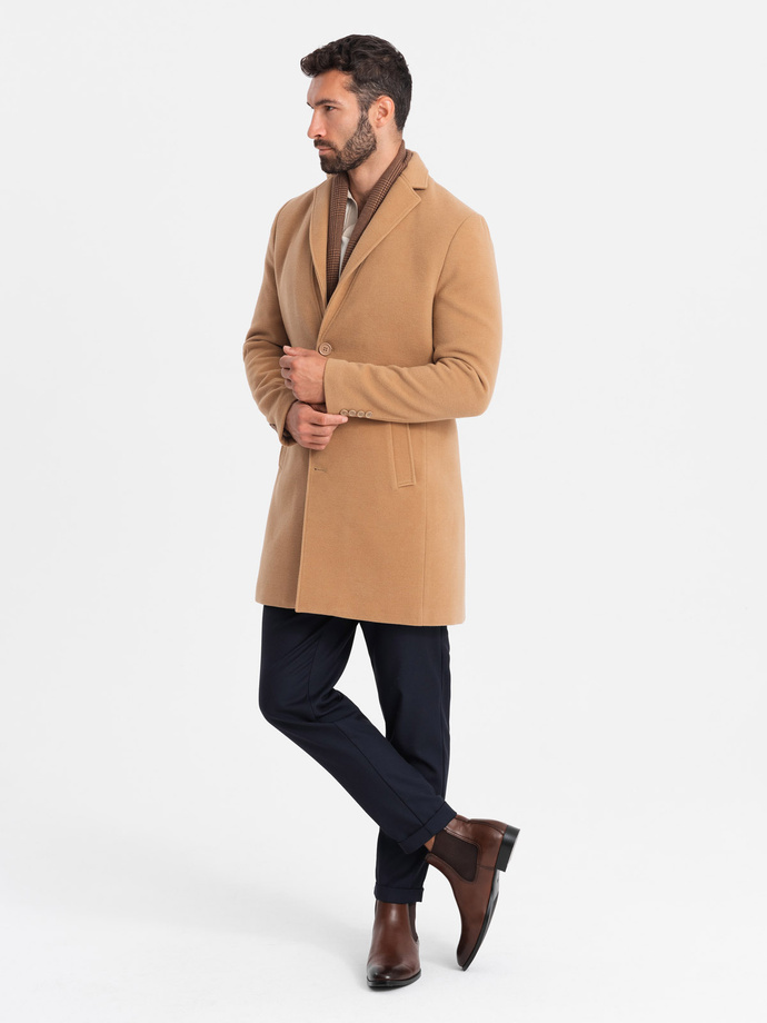 Single-breasted long men's suit style coat - light brown V3 OM-COWC-0105