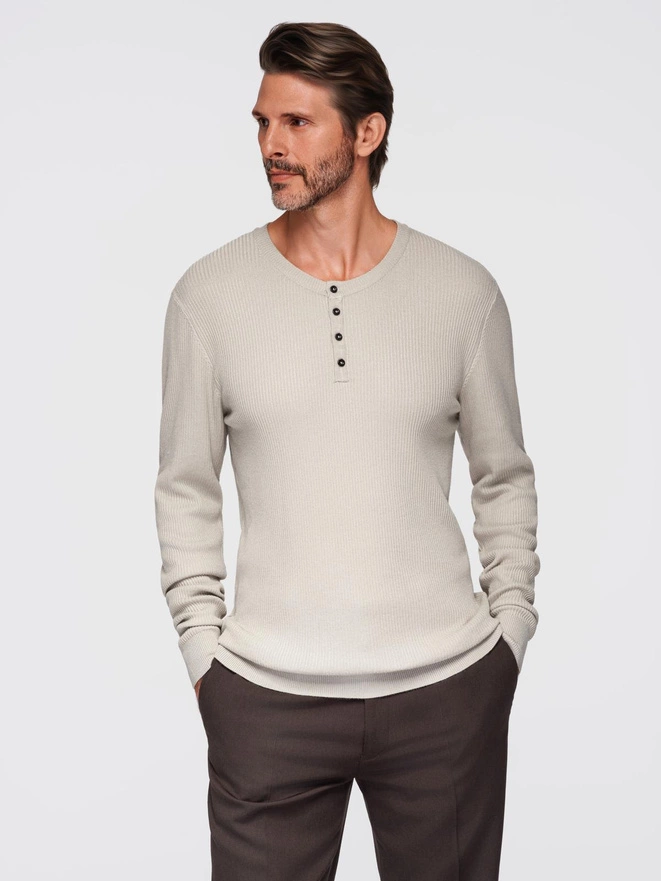 Men's ribbed sweater with buttons at the neckline - beige V3 OM-SWSW-0182