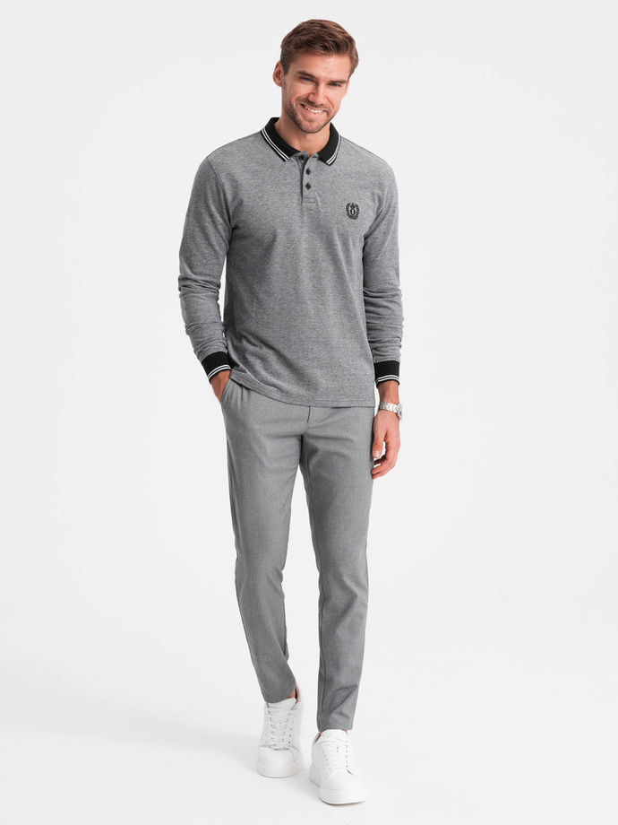 Melanżowy męski longsleeve polo z haftem – czarny melanż V1 OM-POLS-0129