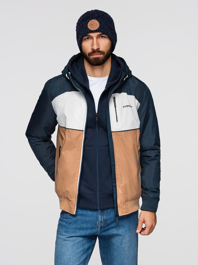 Lightweight colorful men's sports jacket with fleece - brown and navy blue V1 OM-JANP-0194