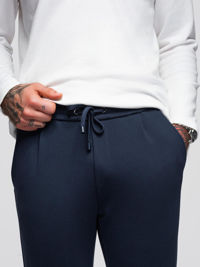 Men's pique knit pants with adjustable waistband - navy blue V1 OM-PACP-0283