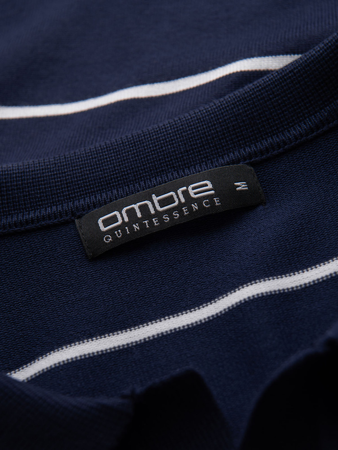 Men's horizontal striped polo longsleeve with viscose - navy blue and white V1 OM-POLS-0146