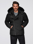 Men's quilted jacket with cut of ramoneski with hood - black V1 OM-JAHP-0252