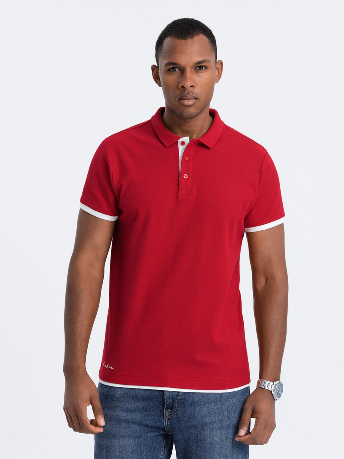 Men's cotton polo shirt with contrast trim - red V2 OM-POSS-0113