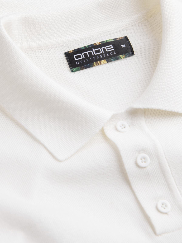 Męska koszulka polo z miękkiej dzianiny z kontrastowymi pasami - kremowa V3 OM-POSS-0118