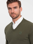 Men's sweater with v-neck with shirt collar - dark olive V5 OM-SWSW-0102