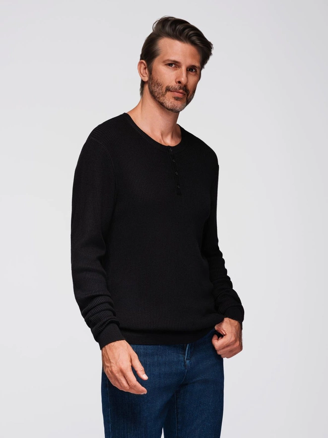 Men's ribbed sweater with buttons at the neckline - black V2 OM-SWSW-0182