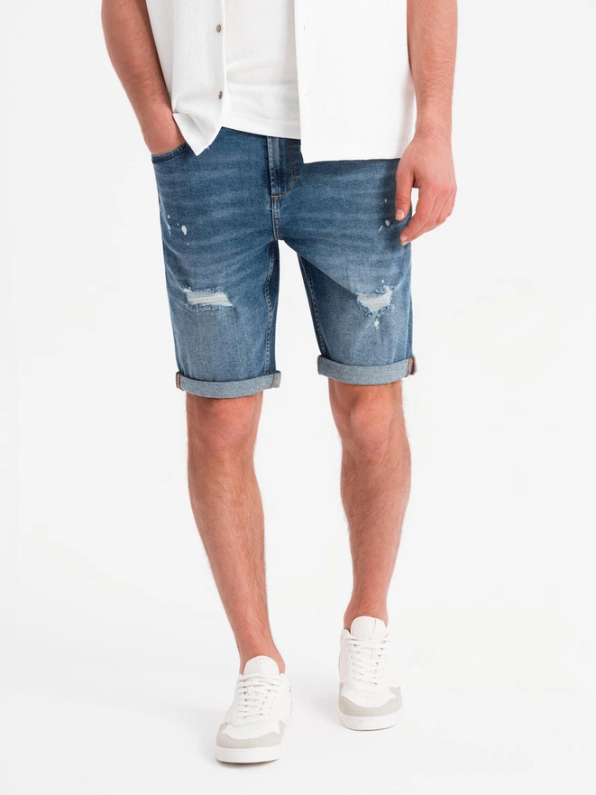 Men's short denim shorts with rubbing and rolled up leg - blue V2 OM-SRDS-0186