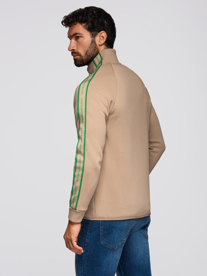 Men's unbuttoned sweatshirt with piping and high collar - brown V1 OM-SSZP-0224