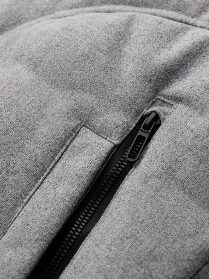 Męska casualowa kurtka puffer z wełną – jasnoszary melanż V3 OM-JAHP-0203