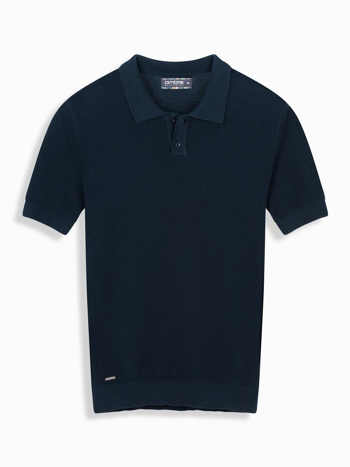 Men's cotton structured knit polo shirt - navy blue V2 OM-POSS-0117