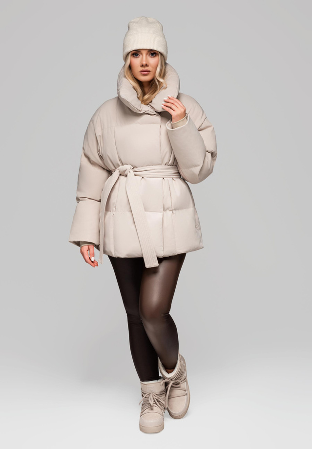 Women's quilted jacket with belt and collar OW-JAHP-0106 v2 - beige