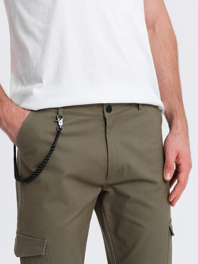 Men's pants with cargo pockets and leg hem - dark olive green V1 OM-PACG-0189