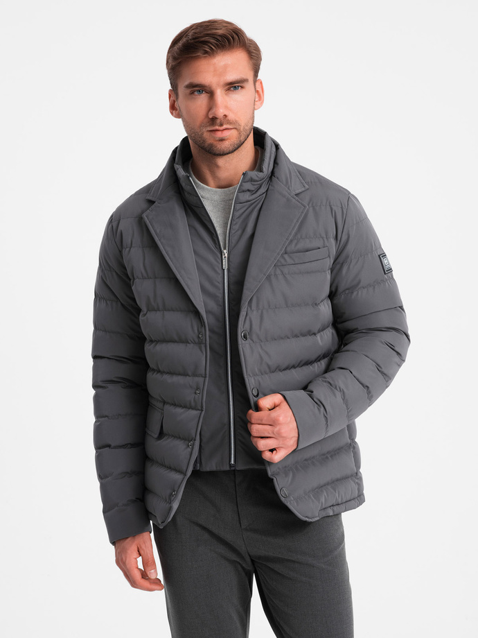 Men's quilted jacket with jacket cut - graphite V2 OM-JALP-0188