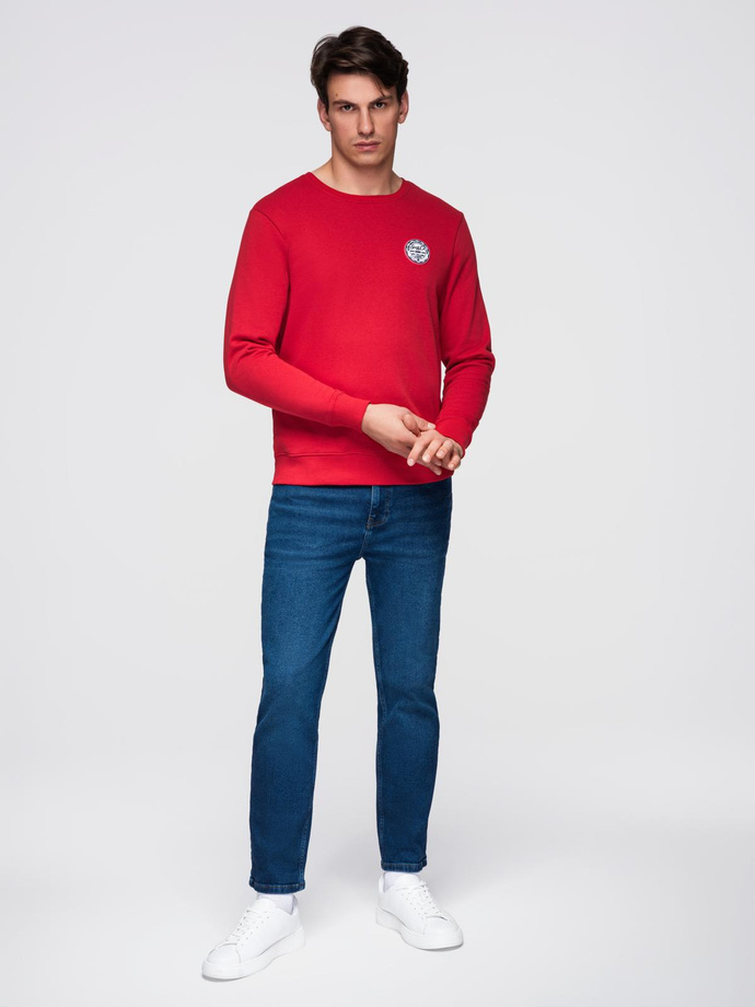 Men's non-stretch sweatshirt with round neckline and patch - red V1 B1713