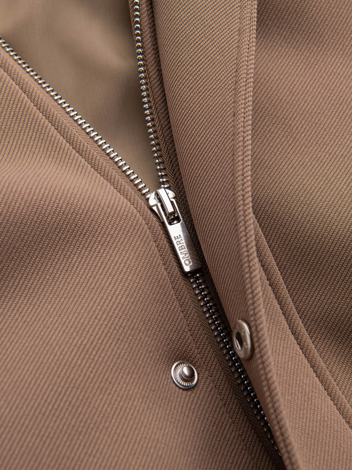 Płaszcz męski z kapturem w delikatny prążek - kawowy V1 OM-COSC-0112