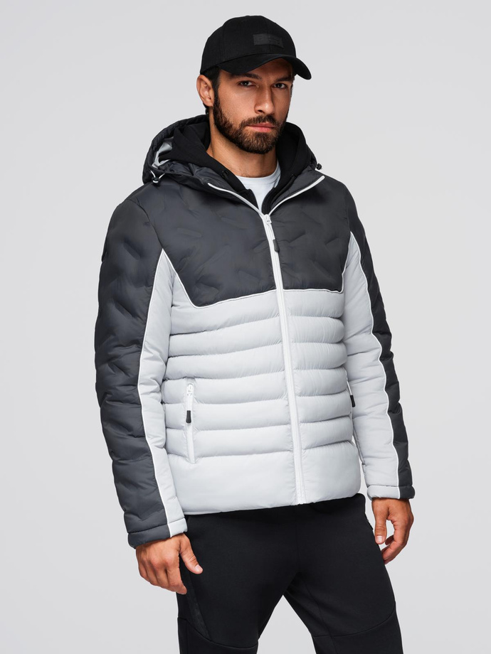 Men's quilted jacket with detachable hood - graphite and white V3 OM-JALP-0206