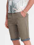 Męskie szorty chinosy z kontrastowym podwinięciem – oliwkowe V2 W421