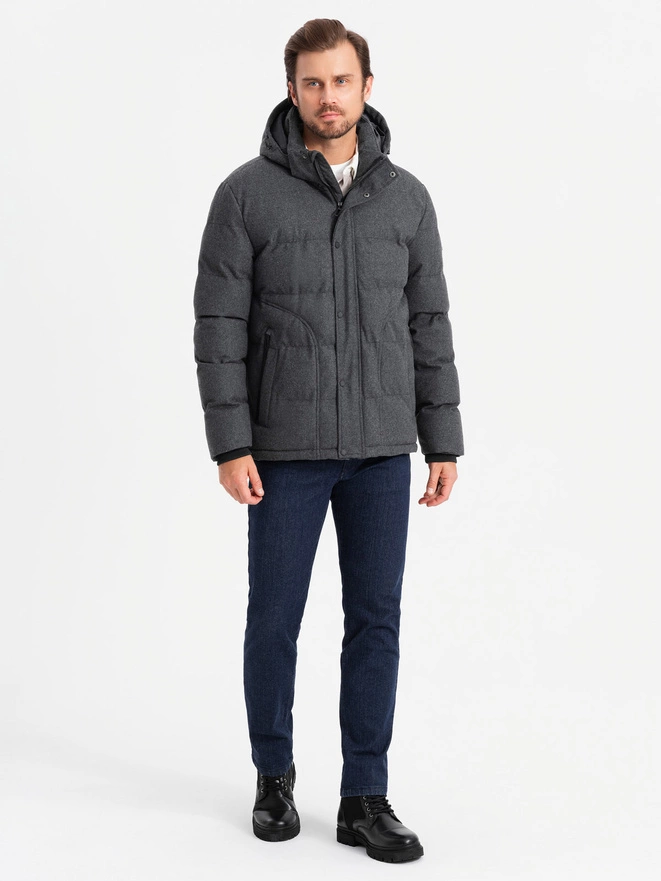 Casualowa męska kurtka puffer z wełną – czarny melanż V2 OM-JAHP-0203