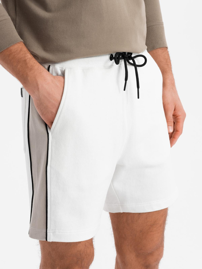 Men's short sweat shorts with wide stripes - broken white V1 OM-SRSK-0182