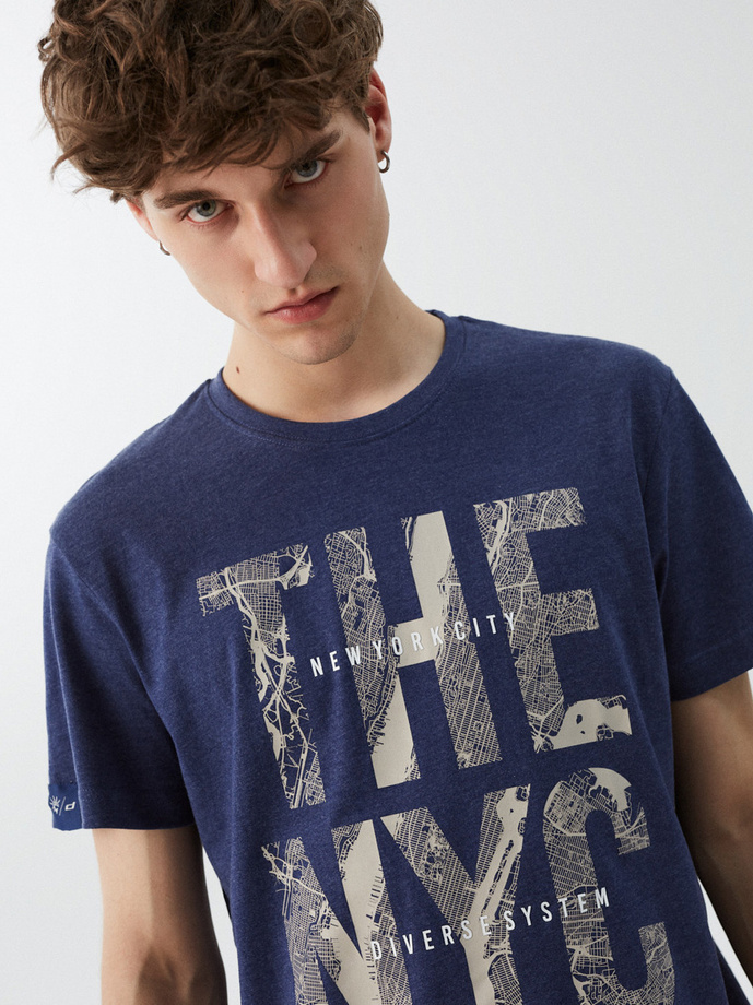 T-shirt męski z nadrukiem NY CITY 01 S1830 - granatowy