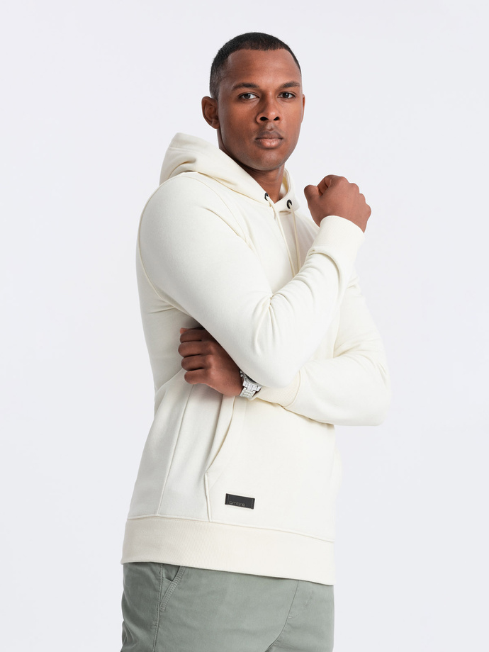 Dresowa bluza męska kangurka z kapturem BASIC – kremowa V5 OM-SSBN-0161
