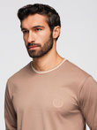 Men's cotton longsleeve with striped U neckline and embroidery - brown V6 OM-LSCL-0128