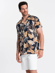 Viscose patterned men's short sleeve shirt - leaves V14 OM-SHPS-0113