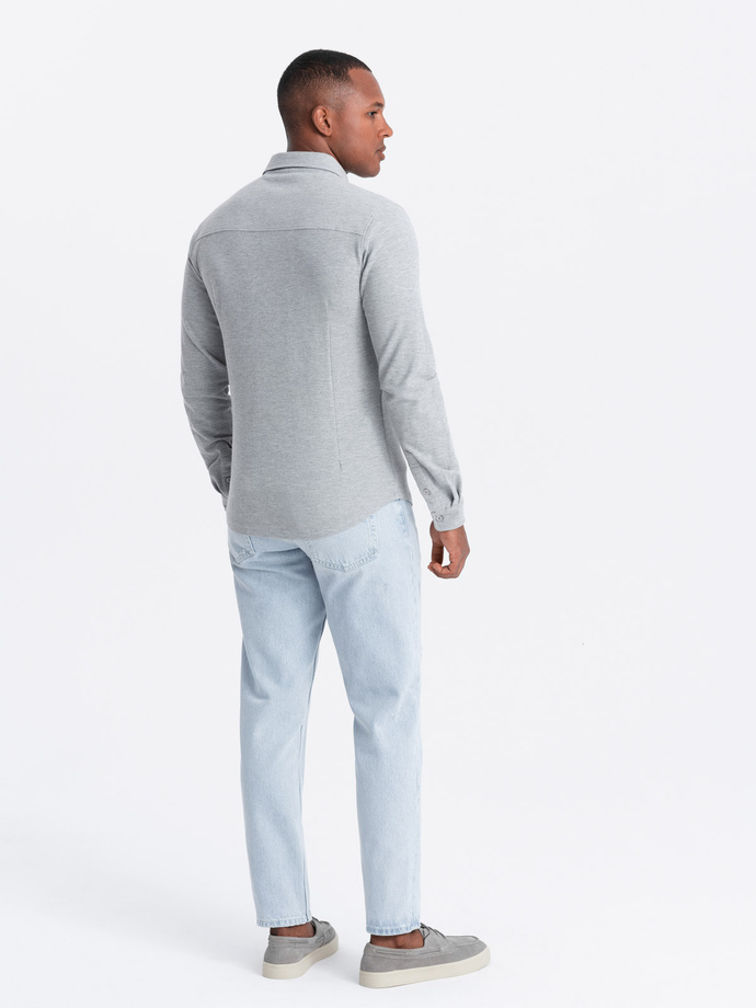 Męska koszula dzianinowa SLIM FIT z długim rękawem – szara V5 OM-SHCS-0177