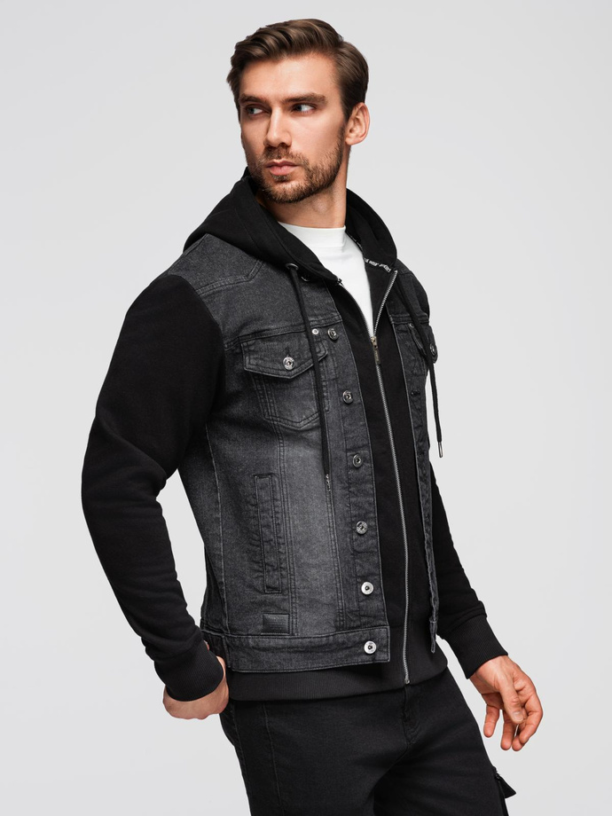 Men's denim jacket with knitted sleeves and hood - black V3 OM-JADJ-0220