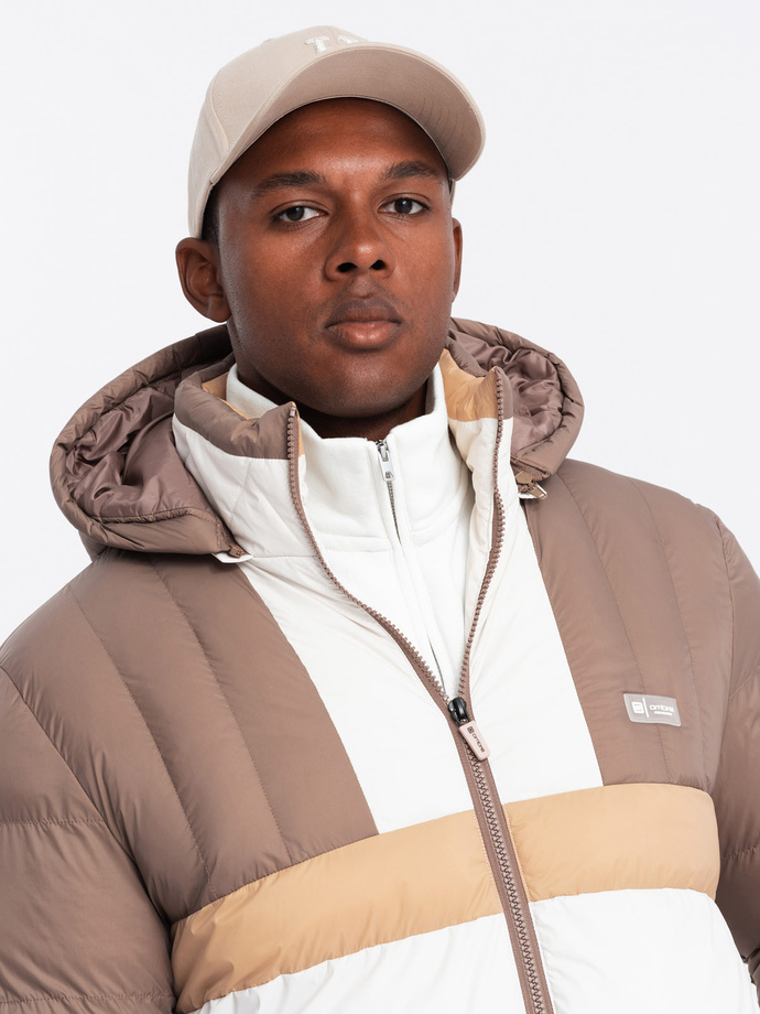 Kolorowa sportowa męska kurtka w stylu retro – beżowo-biała V2 OM-JALP-0175