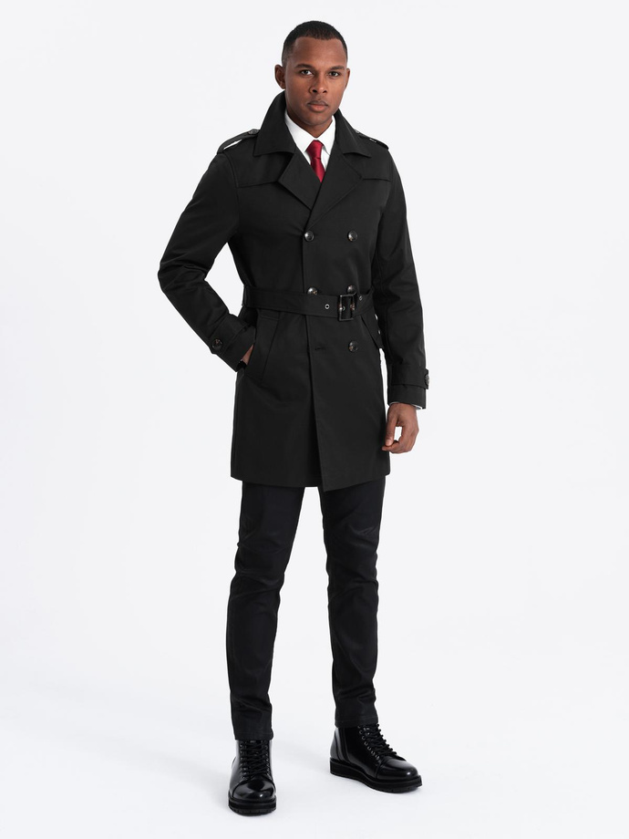 Elegant SLIM FIT men's trench coat with belt - black V2 OM-COSC-0126