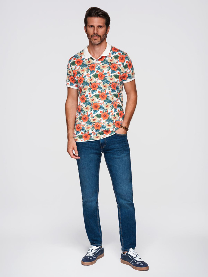 Cotton polo shirt with floral print - white V1 OM-POSS-0149