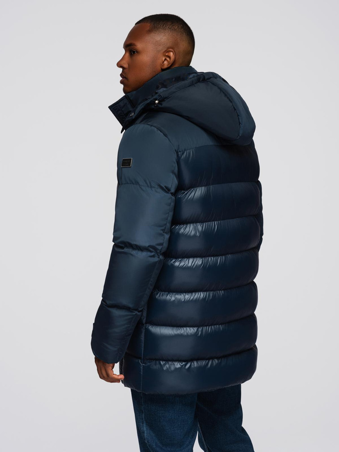 Men's quilted jacket with combined materials and hood - navy blue V3 OM-JALJ-0266