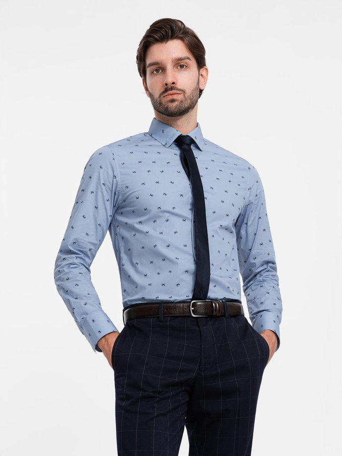 Klasyczna męska bawełniana koszula SLIM FIT w kraby - jasnoniebieska V6 OM-SHCS-0156