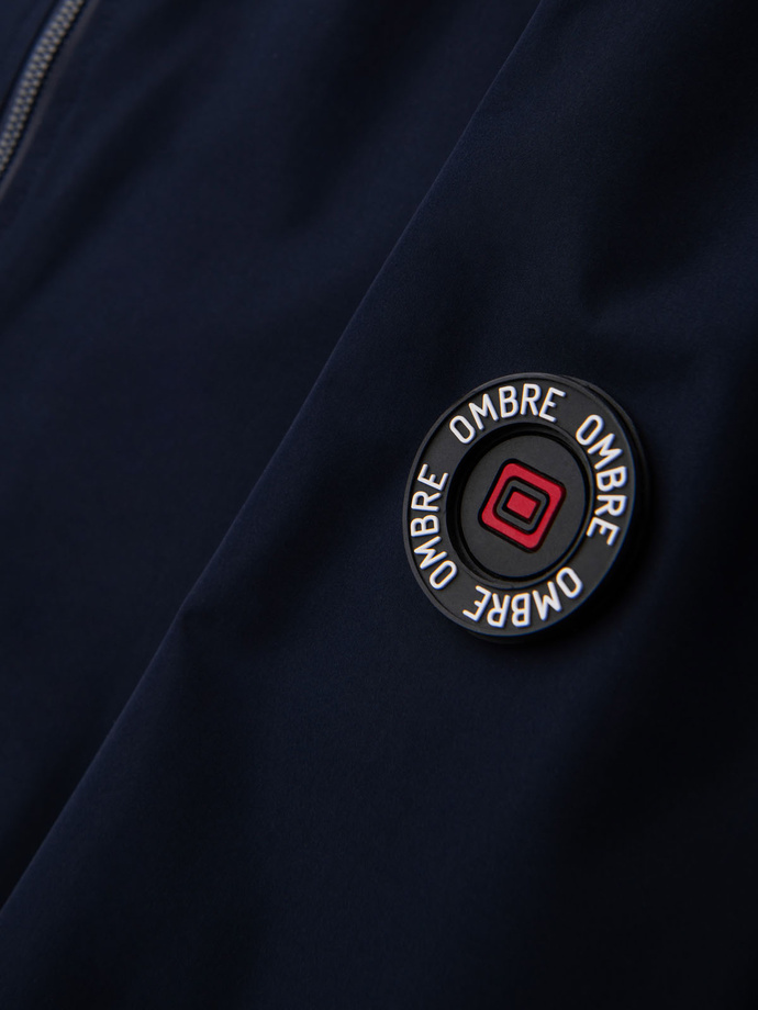 Męska kurtka z kapturem i wysoką stójką - granatowa V2 OM-JANP-0222