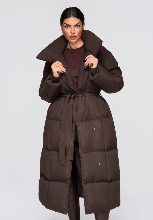 Women's quilted long jacket with belt OW-JALJ-0104 v3 - brown
