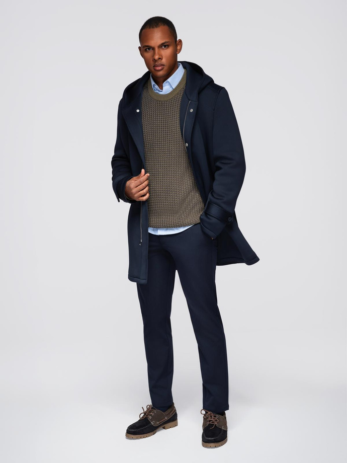 Minimalist men's mid-length coat with hood - navy blue V5 OM-COLC-0144