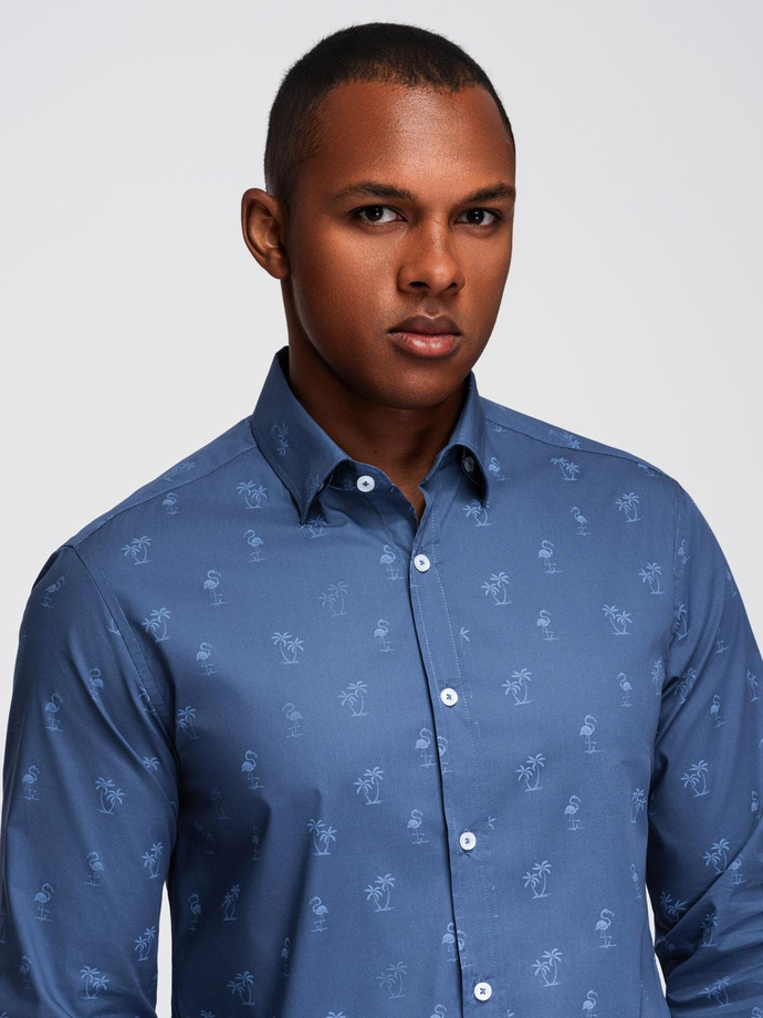 Classic men's cotton SLIM FIT shirt in palm trees - dark blue V5 OM-SHCS-0156