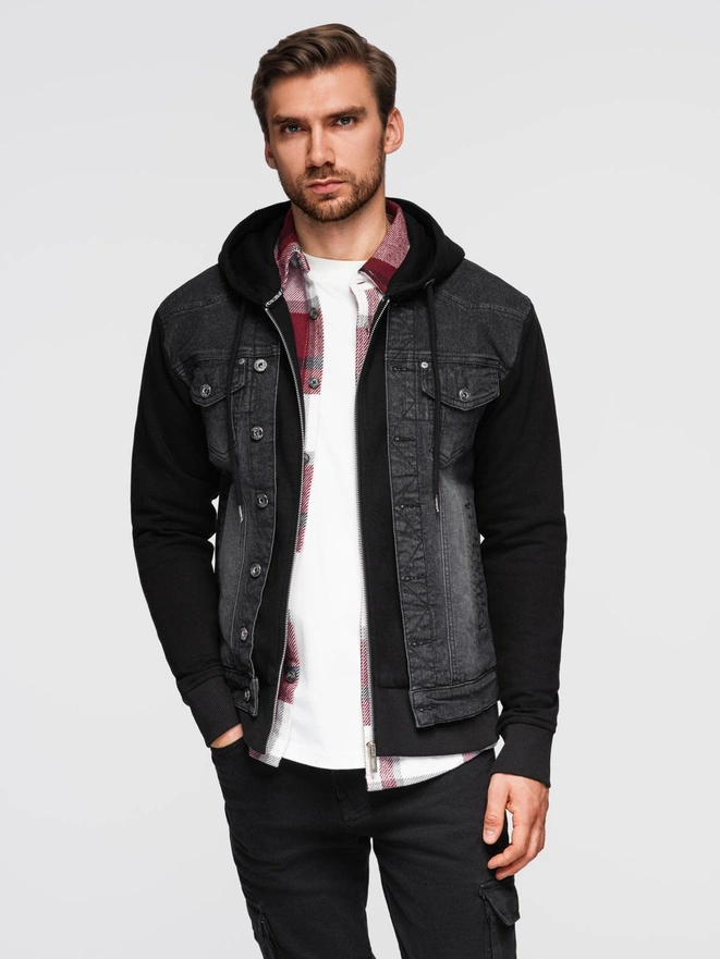 Men's denim jacket with knitted sleeves and hood - black V3 OM-JADJ-0220