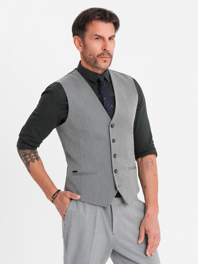 Elegancka męska kamizelka w jodełkę SLIM FIT  - szara V1 OM-BLZV-0143