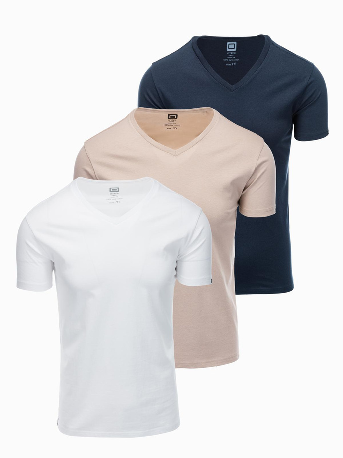 Zestaw bawełnianych męskich koszulek V-neck BASIC – biały/piaskowy/granatowy V12 OM-TSBS-0233