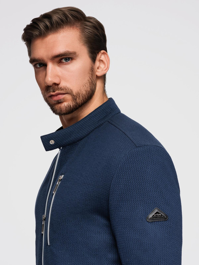 Structured men's biker jacket with stand-up collar - dark blue V1 OM-JANP-0229