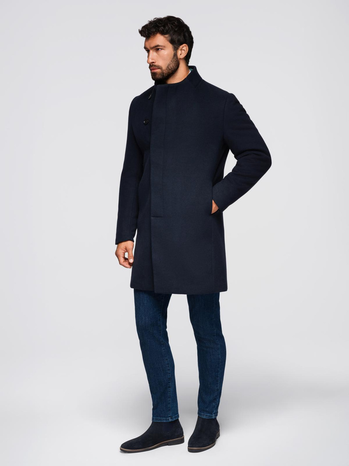 Men's coat with asymmetrical fastening and high collar - navy blue V3 OM-COWC-0141