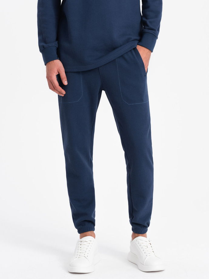 Men's tracksuit set sweatshirt with polo collar + pants - navy blue V5 Z71