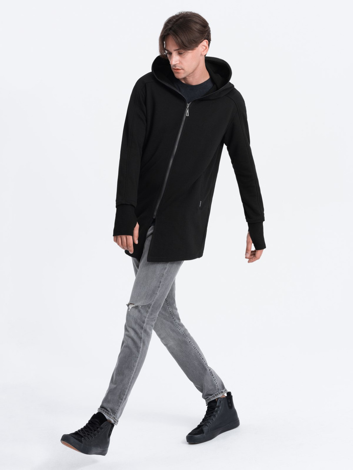 Longer men's unbuttoned sweatshirt with spacious hood PRAGA - black B1369