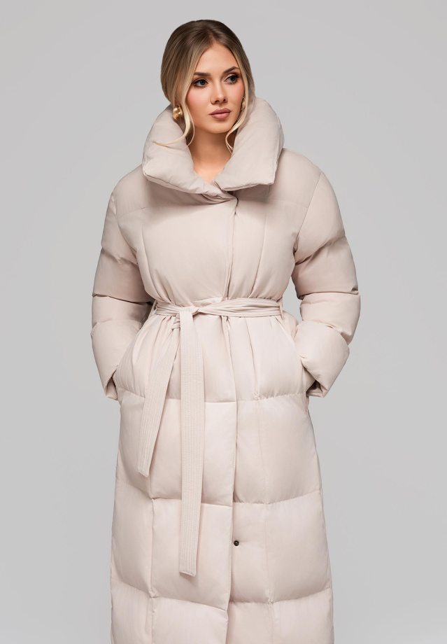Women's quilted long jacket with belt OW-JALJ-0104 v2 - beige